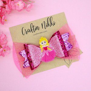 Handmade Sleeping Beauty Princess Glitter Hair Bow